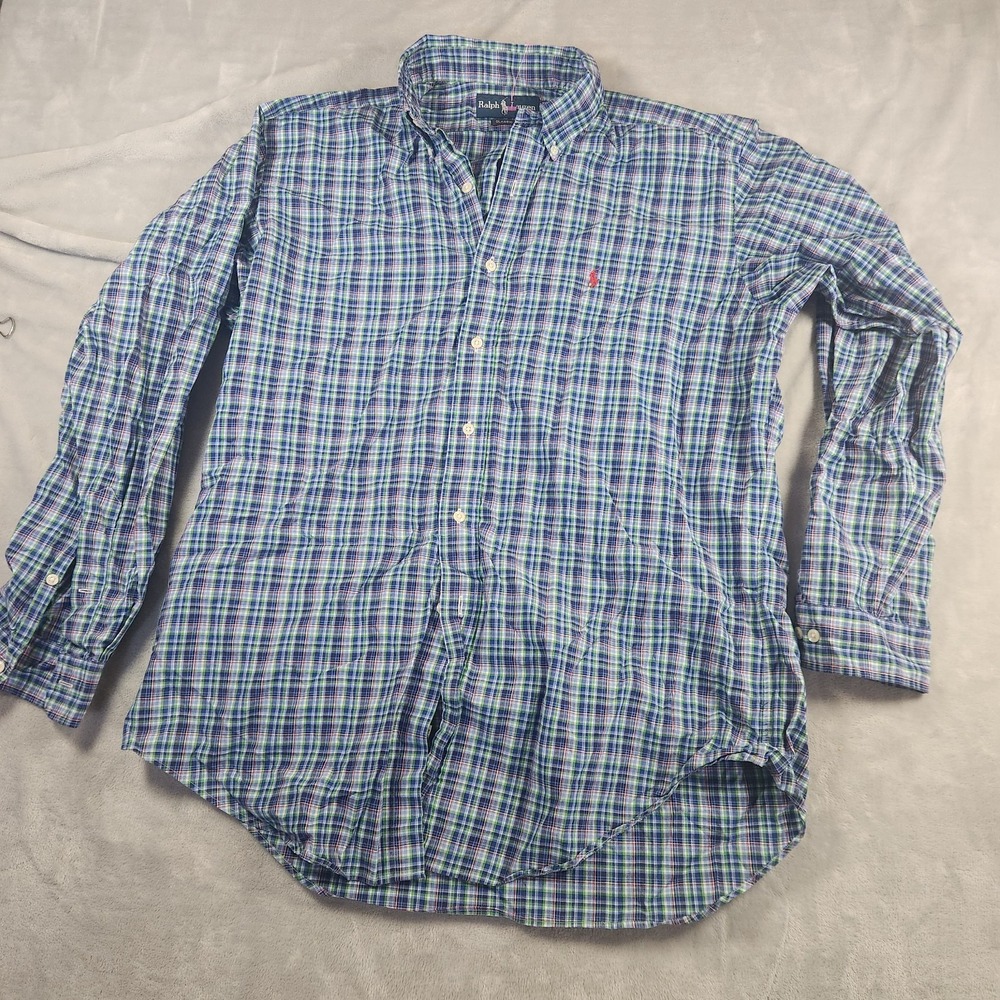 Ralph Lauren Men's Classic Fit Button-Down Shirt 16 L‎ Blue Plaid Old Money